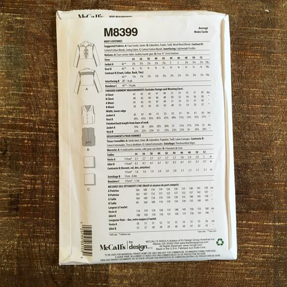 McCalls Sewing Pattern M8399 Yellowstone Buckskin Fringe Jacket Vest 44-52 UNCUT - Picture 2 of 3